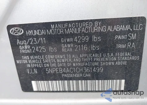 2012 Hyundai Sonata Gls из США, поврежденный, VIN 5NPEB4AC1CH361499